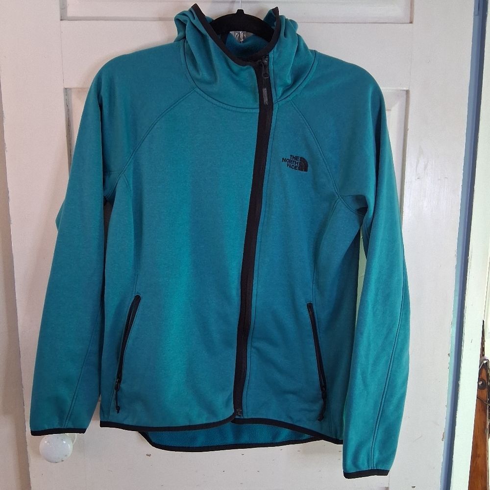 The North Face Women's Teal Asymmetrical Full Zip Fleece Lined Hooded Jacket